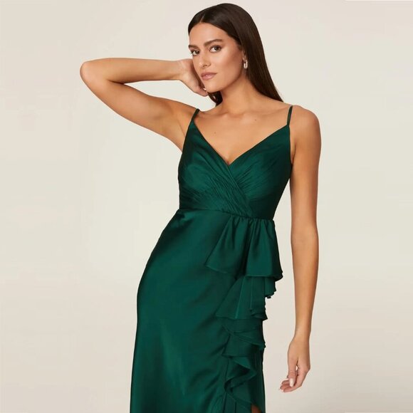 Mac Duggal Satin Ruffle Gown Emerald 0 #8619 - Picture 3 of 9